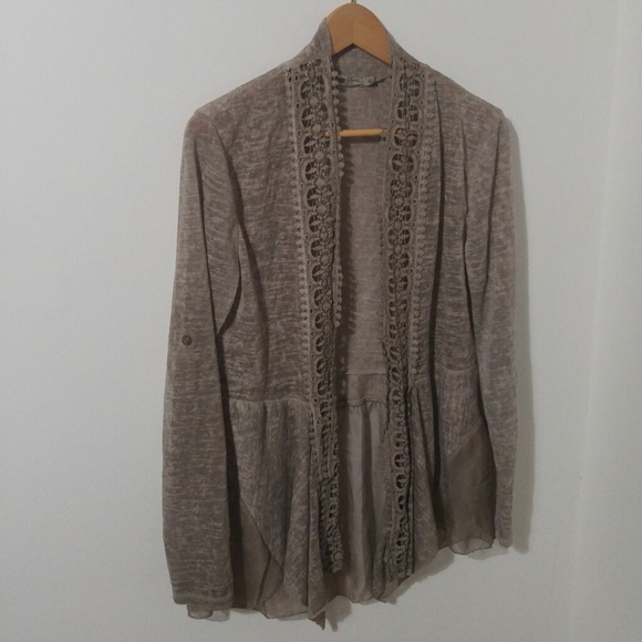 Beige Taupe Thin Knit Crochet Cardigan - Picture 8 of 13